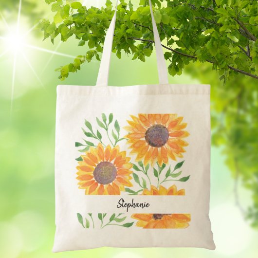 Gepersonaliseerde Gele Zonnebloemen Foliage Tote Bag