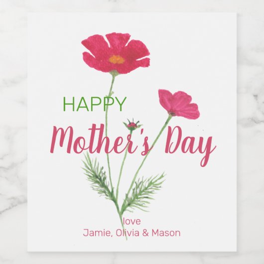 Gepersonaliseerde Gelukkige Moederdag Roze Bloemen Wijn Etiket (Enkel label)