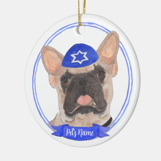 Gepersonaliseerde gemaskerde Frenchie Chanoeka Keramisch Ornament (Links)