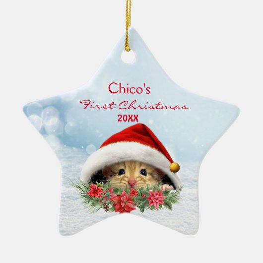 Gepersonaliseerde Gerbil Hamster in Santa Hat Kers Keramisch Ornament (Voorkant)