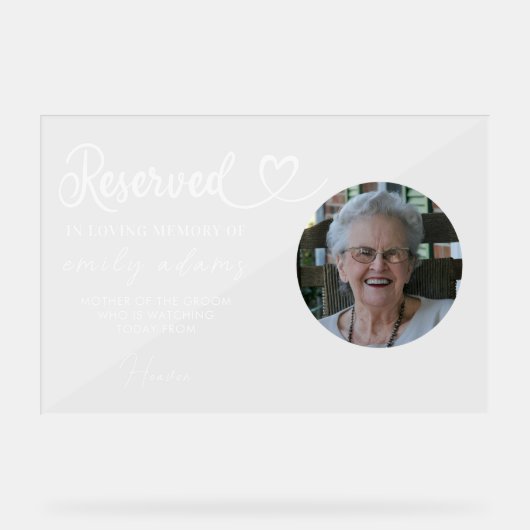 Gepersonaliseerde Gereserveerde Zetel Memorial Tro Acryl Bord (Voorkant)