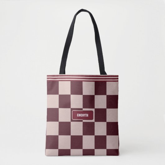 Gepersonaliseerde geruite Bourgogne Rouge Modern Tote Bag (Voorkant)