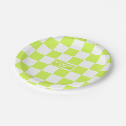 Gepersonaliseerde geruite neon lime groene markeer papieren bordje (Gekanteld)