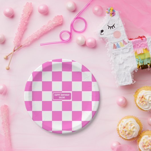 Gepersonaliseerde geruite neon roze markeerstift papieren bordje (Feest)