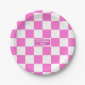 Gepersonaliseerde geruite neon roze markeerstift papieren bordje (Voorkant)