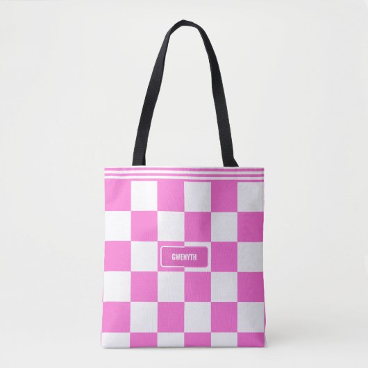Gepersonaliseerde geruite neon roze markeerstift tote bag (Voorkant)