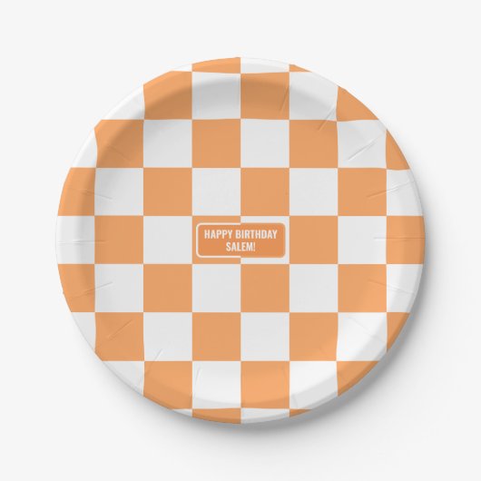 Gepersonaliseerde geruite Oranje markeerstift Papieren Bordje (Voorkant)