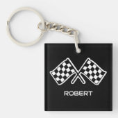 Gepersonaliseerde Geruite vlag Custom Name Black Sleutelhanger (Voorkant)