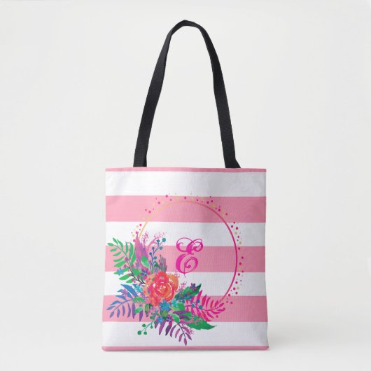gepersonaliseerde gestreepte florale troep met ran tote bag (Voorkant)