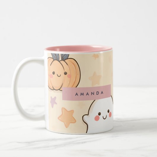 Gepersonaliseerde Gezellige Herfst Halloween Ghost Tweekleurige Koffiemok (Links)