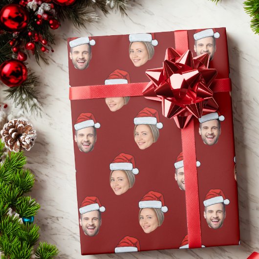 Gepersonaliseerde Gezicht 2 Foto Santa Hat Kerstca Cadeaupapier