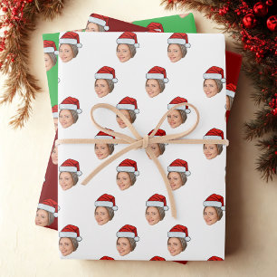 Gepersonaliseerde Gezichtsfoto Kerstman Hoed Kerst Inpakpapier Vel