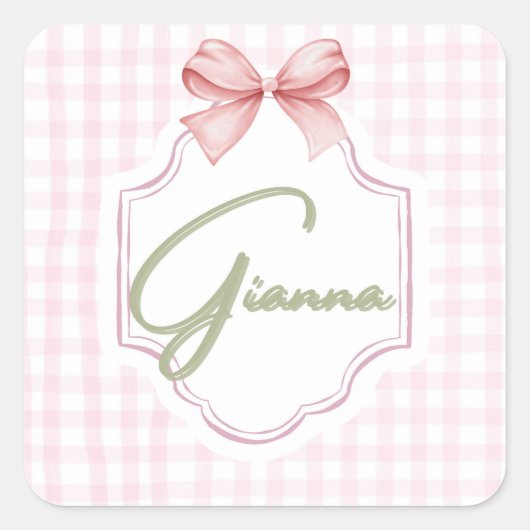 Gepersonaliseerde Gianna Baby Girl Nursery Bow & G Vierkante Sticker (Voorkant)