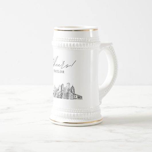 Gepersonaliseerde Gift Detroit Skyline Schets Bierpul (Voorkant rechts)