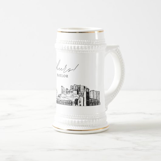 Gepersonaliseerde Gift Myrtle Beach skyline schets Bierpul (Voorkant rechts)
