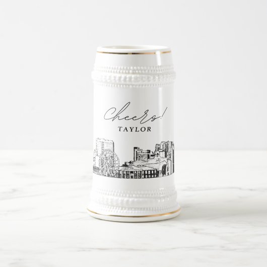 Gepersonaliseerde Gift Myrtle Beach skyline schets Bierpul (Center)