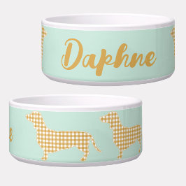 Gepersonaliseerde Gingham Dachshund Mint Voerbakje