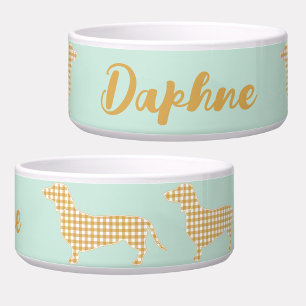 Gepersonaliseerde Gingham Dachshund Mint Voerbakje