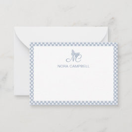 Gepersonaliseerde Gingham Dusty Blue Elegant Monog Notitiekaartje