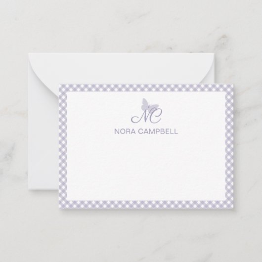 Gepersonaliseerde Gingham Lavender Elegant Monogra Notitiekaartje (Voorkant)