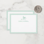 Gepersonaliseerde Gingham Mint Green Butterfly Mon Notitiekaartje (Voorkant / Achterkant in situ)
