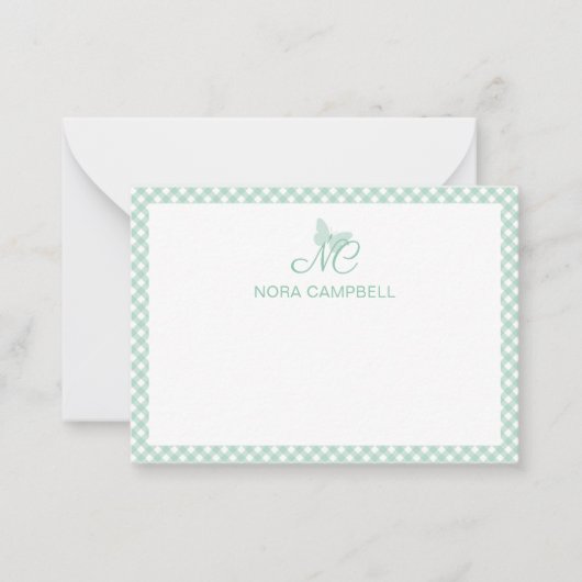 Gepersonaliseerde Gingham Mint Green Butterfly Mon Notitiekaartje (Voorkant)