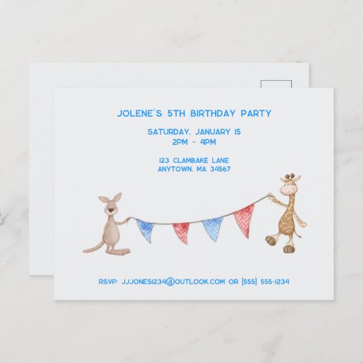 Gepersonaliseerde Giraffe en Kangaroo Birthday Par Briefkaart (Voorkant / Achterkant)