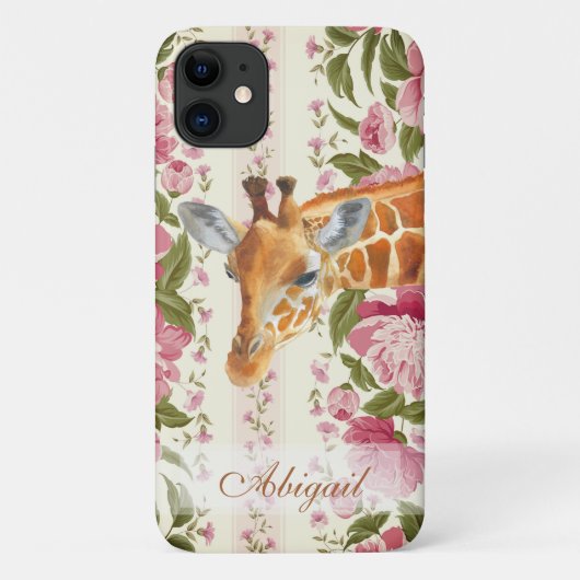 Gepersonaliseerde Giraffe met  roze bloemen Case-Mate iPhone Case (Achterkant)