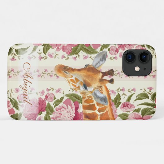 Gepersonaliseerde Giraffe met roze bloemen Case-Mate iPhone Case (Achterkant (horizontaal))