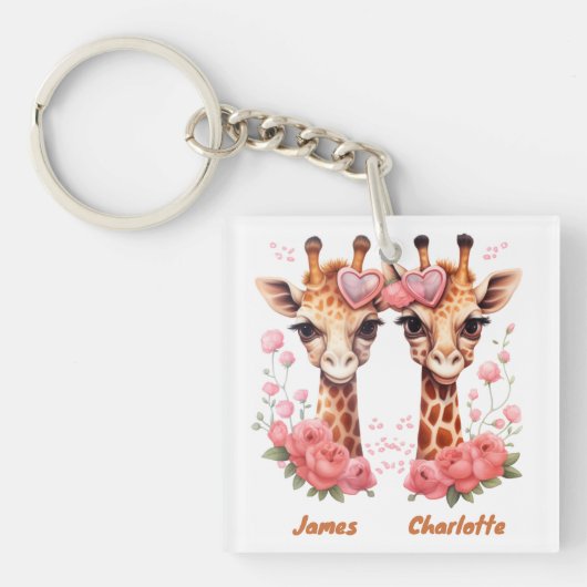 Gepersonaliseerde Giraffe Paar voor Valentijnsdag Sleutelhanger (voorkant)
