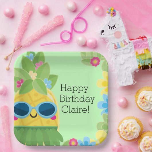 Gepersonaliseerde Girly Ananas Tropische Verjaarda Papieren Bordje (Feest)