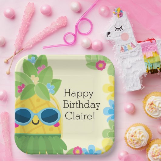 Gepersonaliseerde Girly Ananas Tropische Verjaarda Papieren Bordje (Feest)