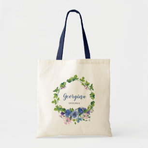 Gepersonaliseerde Girly Blue Floral Waterverf brui Tote Bag