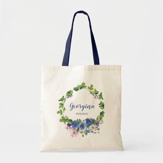 Gepersonaliseerde Girly Blue Floral Waterverf brui Tote Bag (Voorkant)