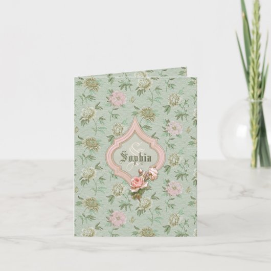 Gepersonaliseerde Girly Elegante Groene en Roze Notitiekaartje (Voorkant)