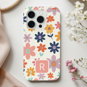 Gepersonaliseerde Girly kleurrijke bloemen patroon iPhone 15 Pro Case