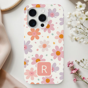 Gepersonaliseerde Girly kleurrijke bloemen patroon iPhone 15 Pro Case