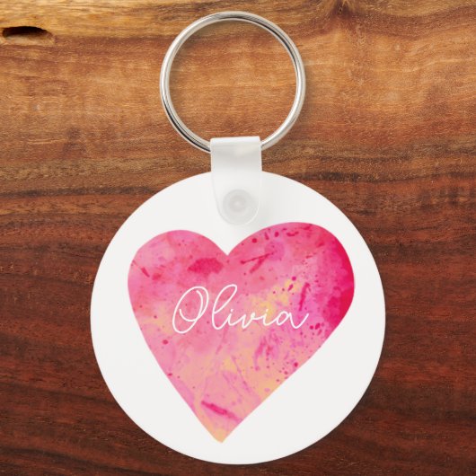 Gepersonaliseerde Girly Pink Waterverf Heart Sleutelhanger (Achterkant)