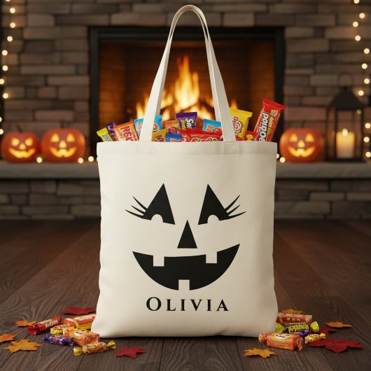 Gepersonaliseerde Girly Pumpkin Face Halloween Tote Bag