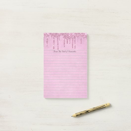 Gepersonaliseerde Girly Roze Druppelende Glitter V Post-it® Notes (Op bureau)