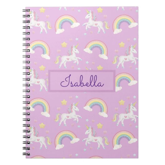 Gepersonaliseerde Girly Whimsical Unicorn Rainbow Notitieboek (Voorkant)