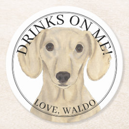 Gepersonaliseerde Gladde Crème Teckel Hond Trouwen Ronde Kartonnen Onderzetter