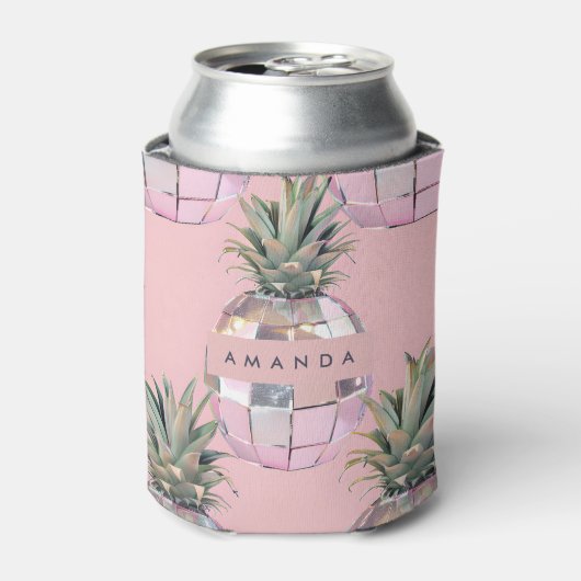 Gepersonaliseerde Glam Disco Ananas Roze Metaalgla Blikjeskoeler (Blikje Voorkant)