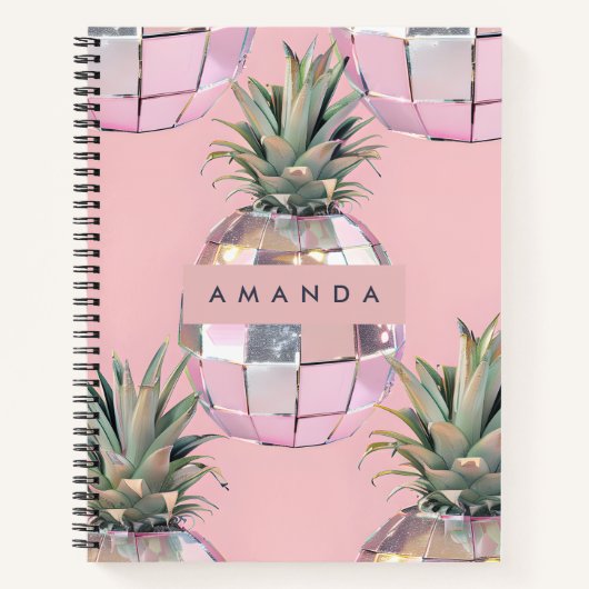 Gepersonaliseerde Glam Disco Ananas Roze Metaalgla Notitieboek (Voorkant)
