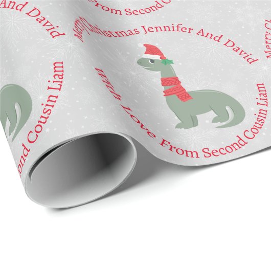 Gepersonaliseerde glimlachende Holly Kerstdinosaur Cadeaupapier (Rol Hoek)