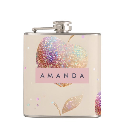 Gepersonaliseerde Glitter Appel Glans Fruit Pastel Heupfles (Voorkant)