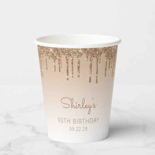 Gepersonaliseerde Glitter Drip 90ste Verjaardag Pa Papieren Bekers (Achterkant)