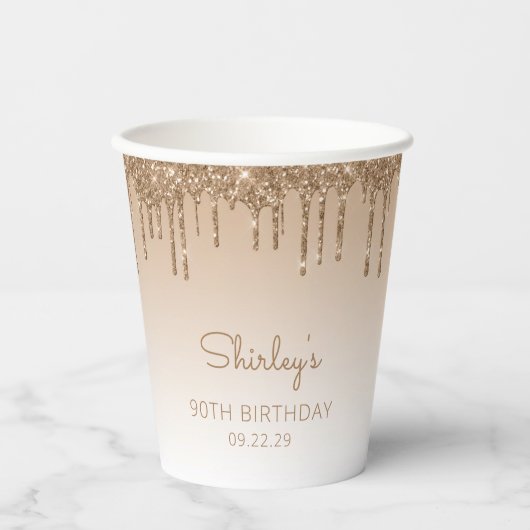 Gepersonaliseerde Glitter Drip 90ste Verjaardag Pa Papieren Bekers (Voorkant)
