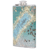 Gepersonaliseerde Glitter Gold Stars op Blauwgroen Heupfles (Links)