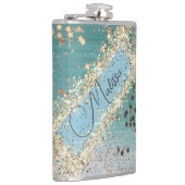 Gepersonaliseerde Glitter Gold Stars op Blauwgroen Heupfles (Rechts)
